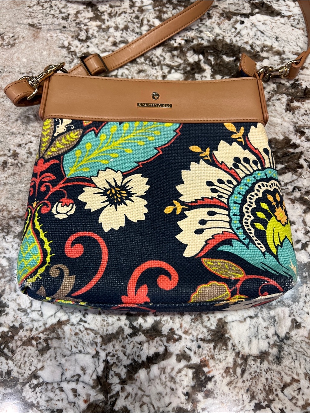Spartina 449 Navy Floral Crossbody with Tan Leather Trim